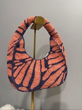 Beaded Coral and Navy Shoulder Hobo Bag